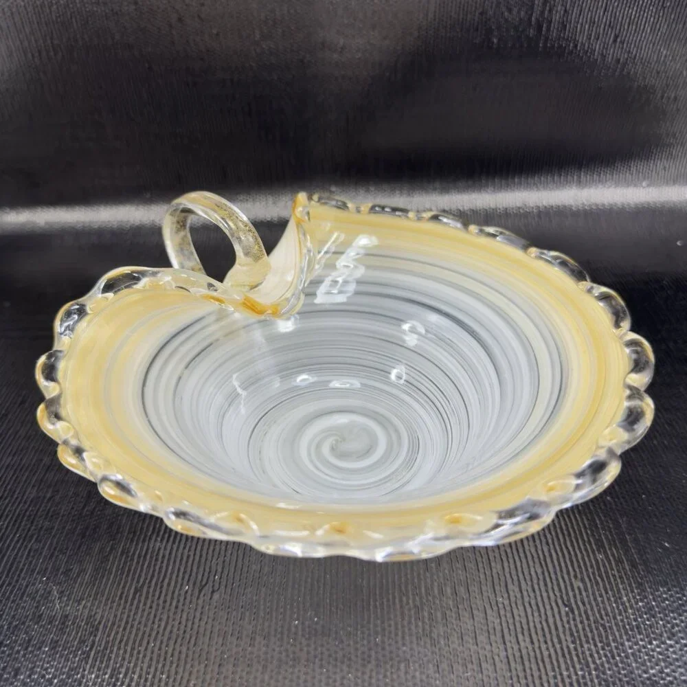 Venetian Art Glass Dish Bowl W Handles Hand Blown Italian Glass Gold White Swirl